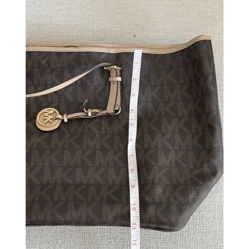 ⁠Michael Kors Tote Bag Brown Signature Monogram Large Purse Gold Charm Jet Set